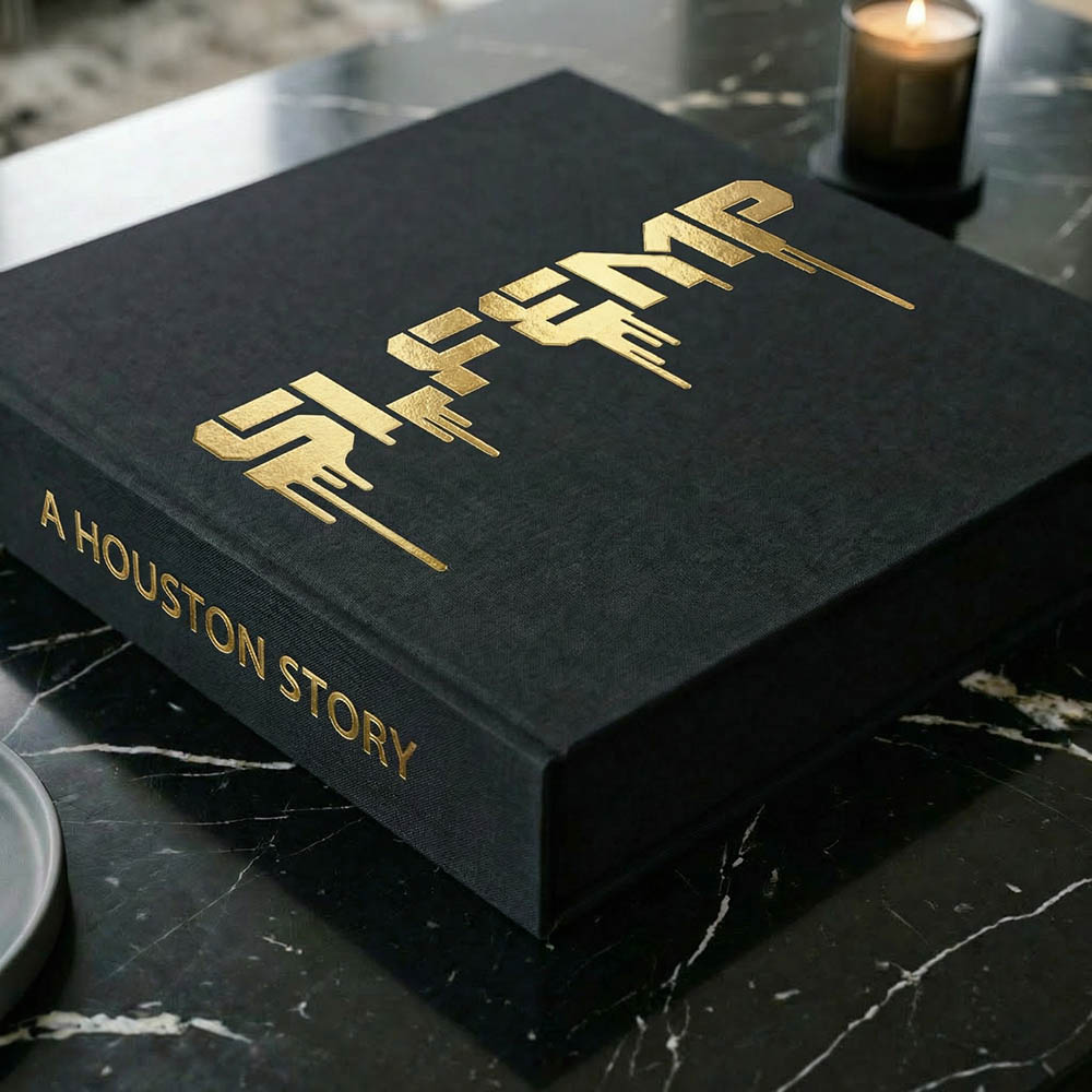 SLFEMP: A Houston Story — gold foil on black linen